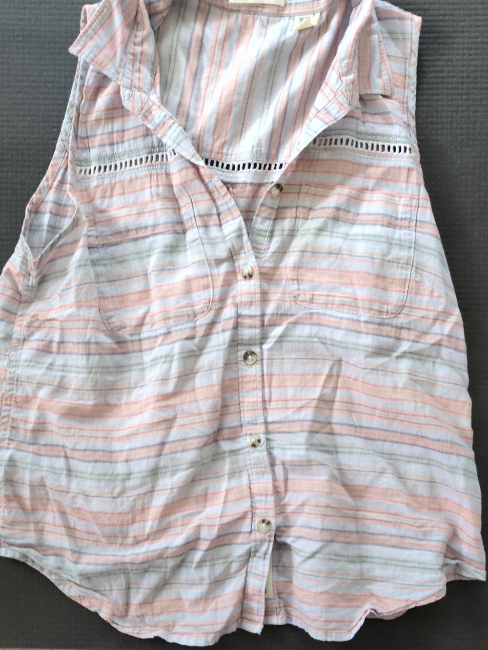 Toad&Co Pink, Blue & Grey Striped Sleeveless Button Up Top